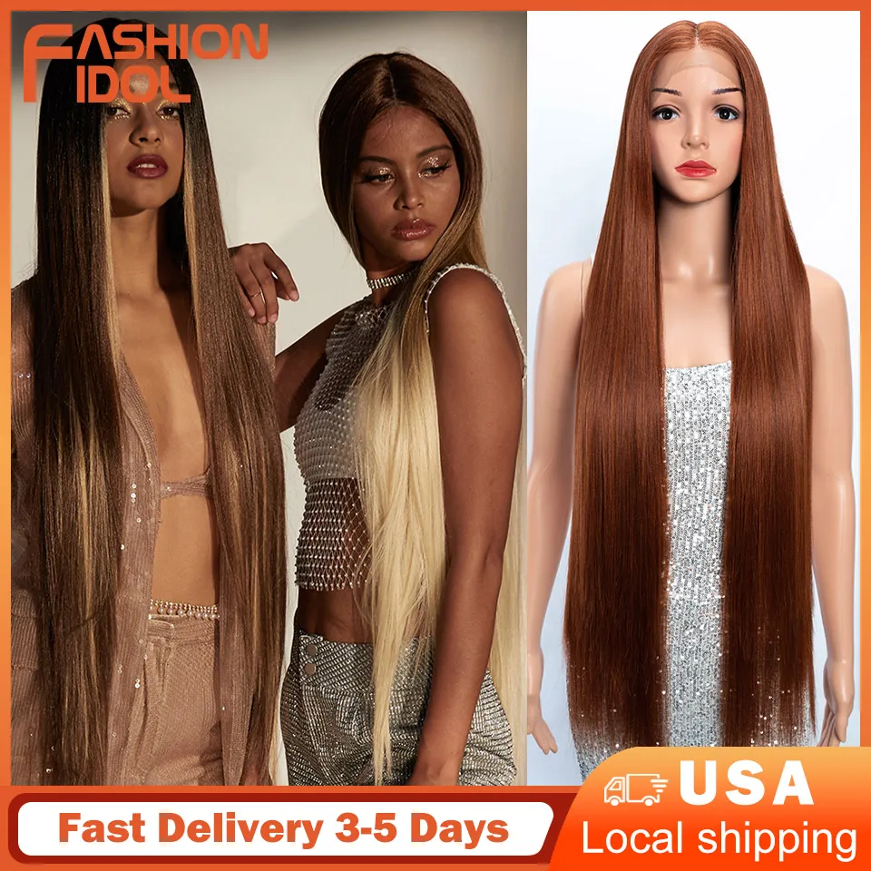 

FASHION IDOL 38inch/95cm Yaki Straight Wigs Synthetic Lace Front Wigs For Women High Temperature Hair Ombre Brown Cosplay Wigs