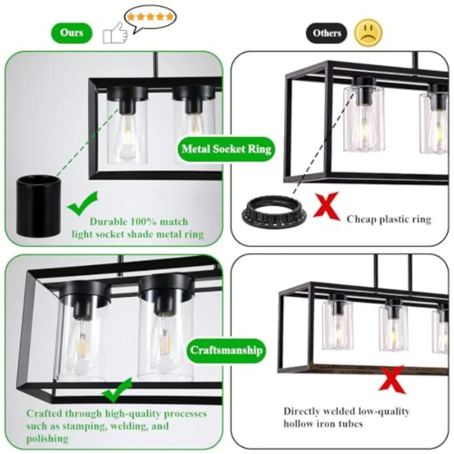 Black Rectangle Farmhouse Chandeliers, 3-Light Modern Linear Dining Room Light Fixture with Clear Glass Shades, Kitchen Island view 4