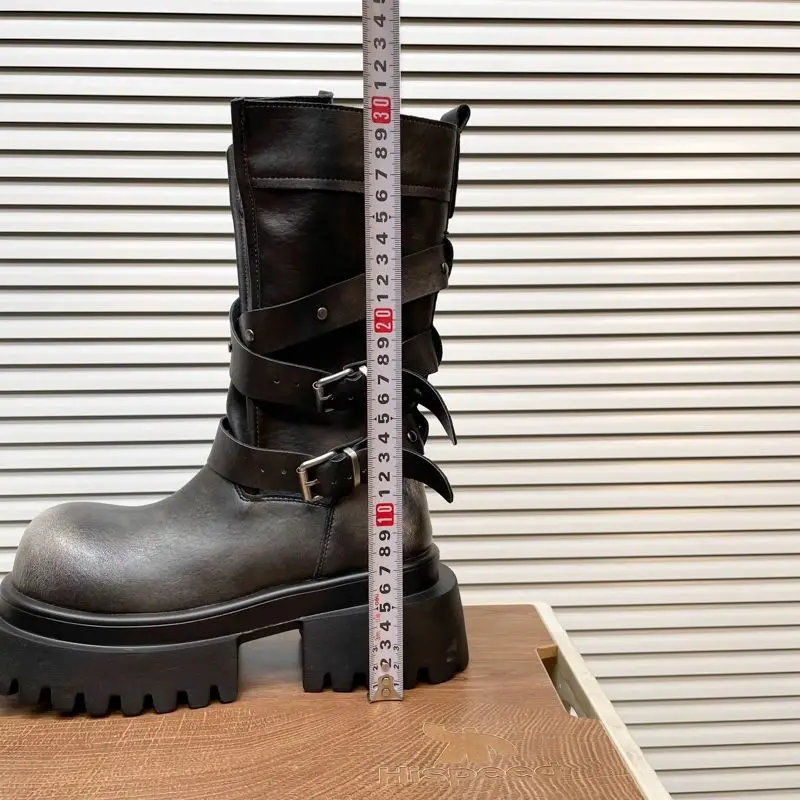 الرجعية جلد طبيعي المرأة أحذية الشتاء منصة 7 سنتيمتر دراجة نارية فارس الأحذية مصمم مشبك حزام أحذية امرأة بوتاس Altas