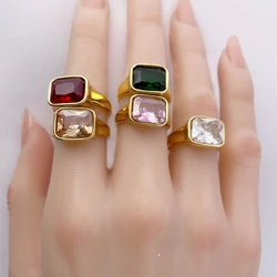 High End PVD Shinny Square Zircon Shaped Ring Stainless Steel Ring for Women Gold Plated Jewelry