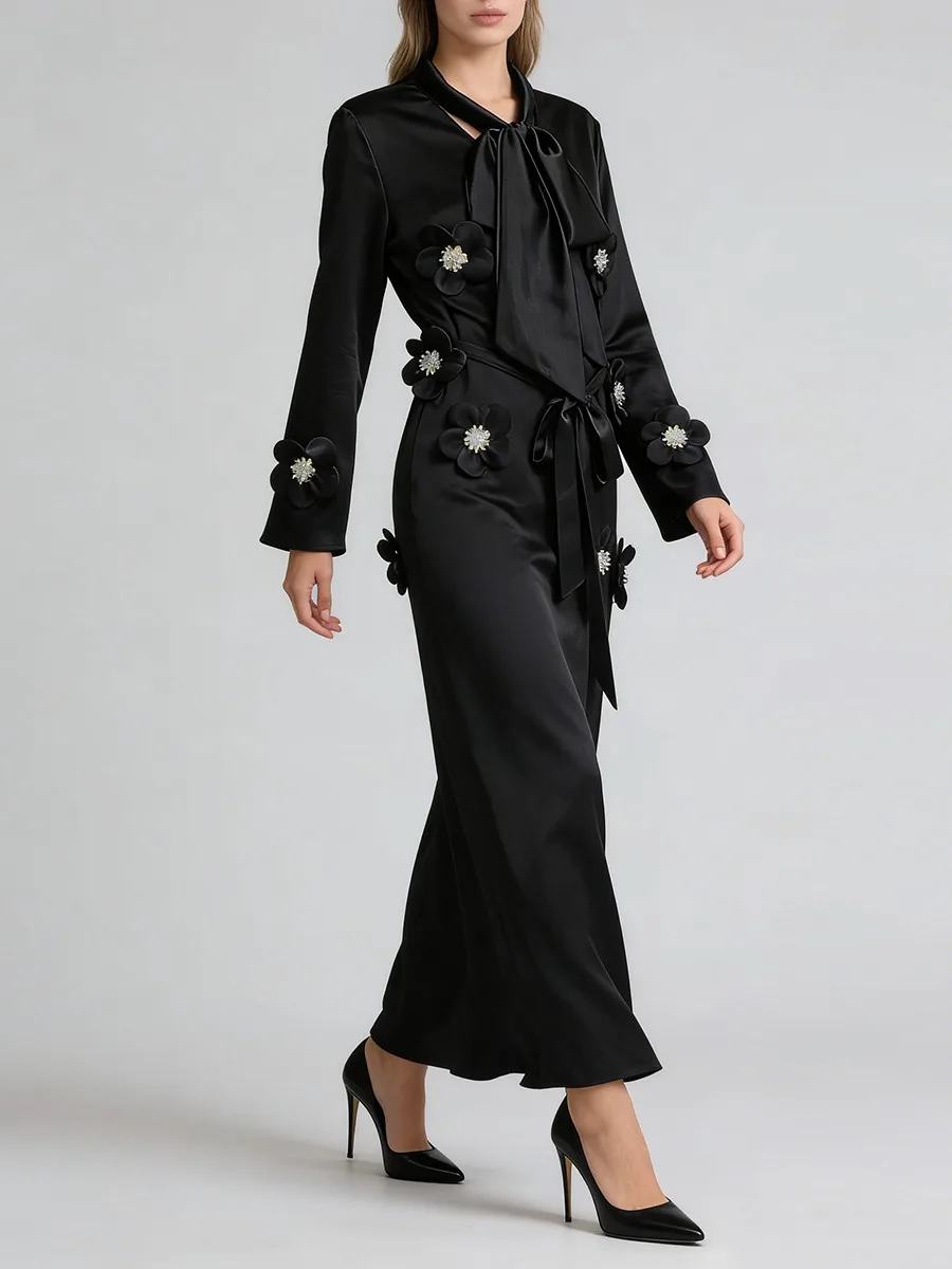 TWOTWINSTYLE 솔리드 루즈 스플라이스드 3D 플라워 우아한 여성용 원피스 라운드 넥 긴 소매 패치워크 레이스업 드레스 여성 신상