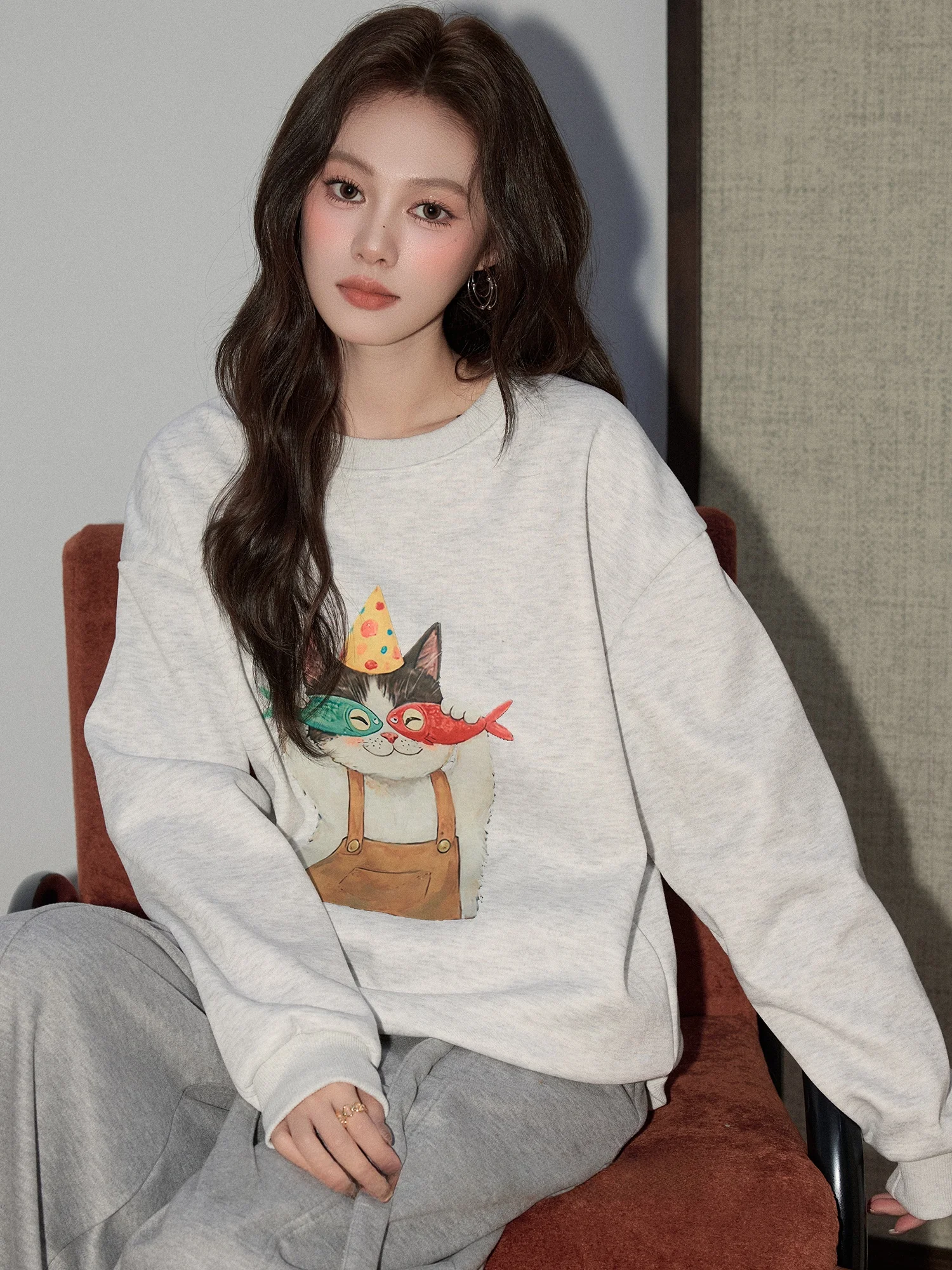 

Autumn Winter New Sle Age Reduction Print Sweatirt Women's Fce round Ne Loose Cute Casual Top Xiao Ke