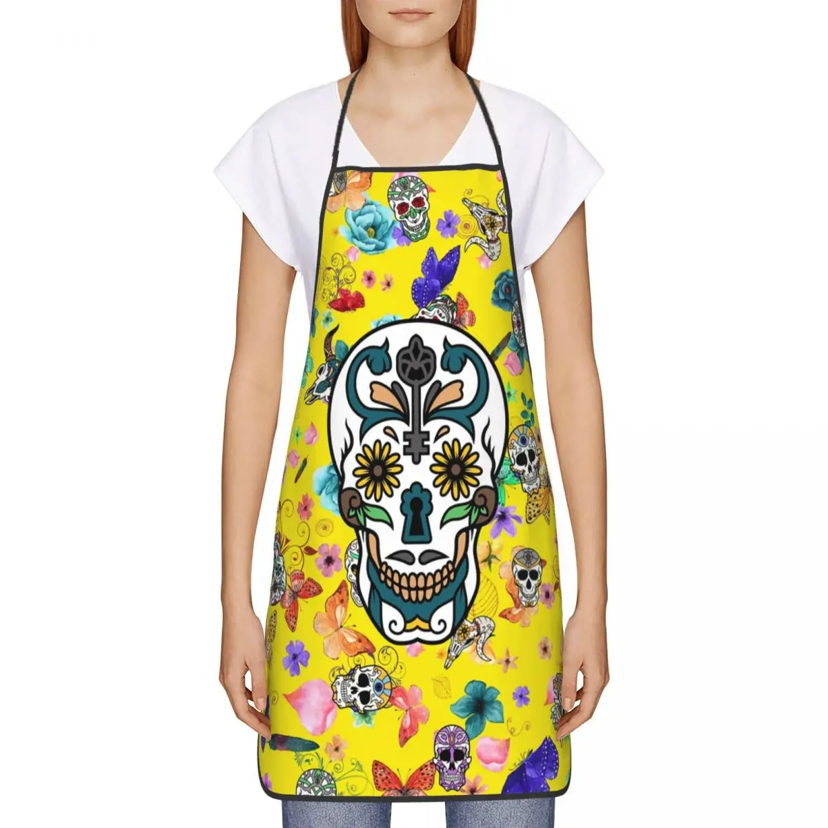 Sugar Skulls Day Of The Dead Aprons Men Women Unisex Adult Chef Cooking Kitchen Colorful Vintage Skeleton Gothic Tablier Cuisine