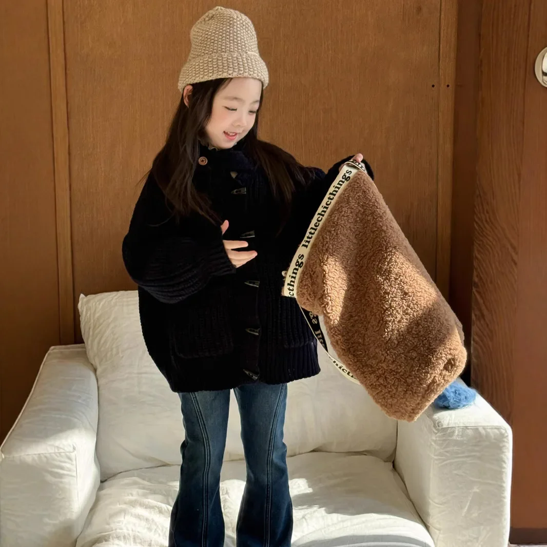 Girls Sweater 2024 Winter New Childrens Wear Korean Style Baby Girl Loose Lazy Stand Collar Horn Buckle Thick Knit Sweater