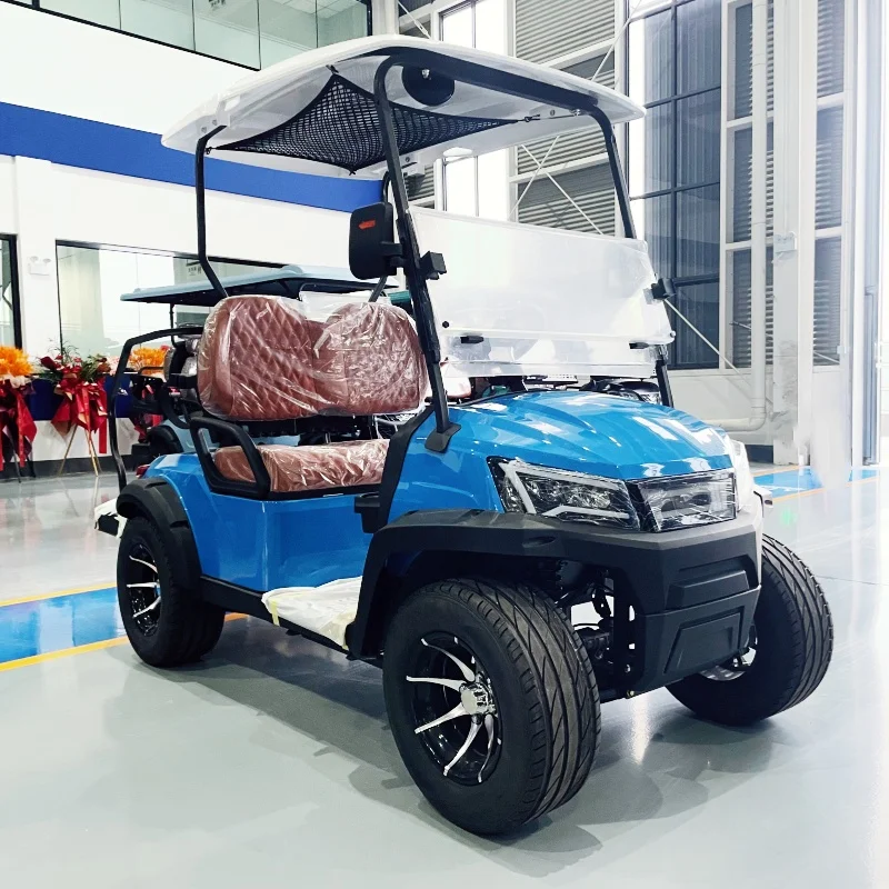 

For Sale New Fashion Factory Price 4 Seater Electric Golf Cart Brown Upholstered Seat Off-Road Tires Golf Bag Straps And Basket