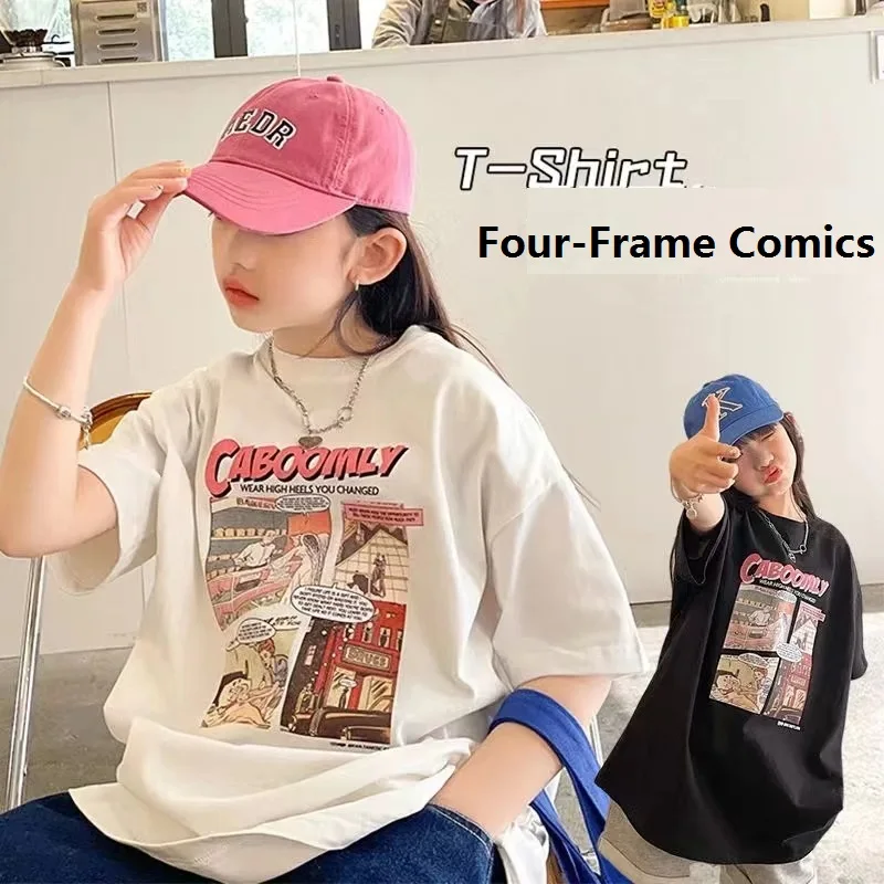 Camiseta holgada de algodón para niños y niñas, camiseta de manga corta de cómics de cuatro marcos, prendas de vestir exteriores para niños de 1 a