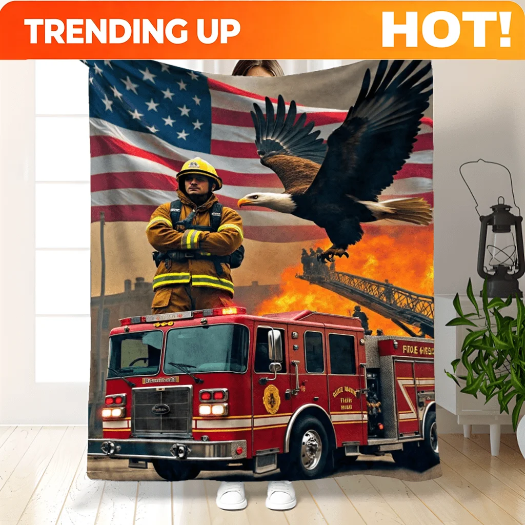 Customize 1pc Of A Cozy And Warm Firefighter-Themed American Flag Throw Blanket, Perfect For Use On A Couch, Bed, During Travel,