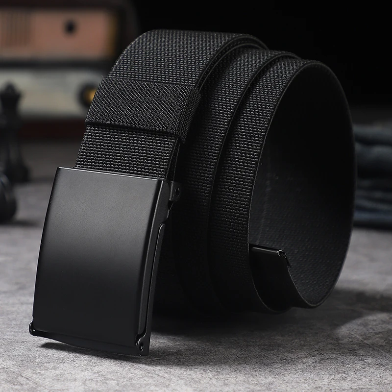 Non perforated and non punched men\'s automatic buckle waistband with elastic canvas belt, women\'s Korean version versatile stude