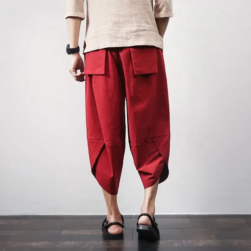 Men's Loose-fit Linen Beach Pants Casual Thai-style Wide-leg Seven-point Trousers Trendy Cotton Linen Seven-point Harlan Pants