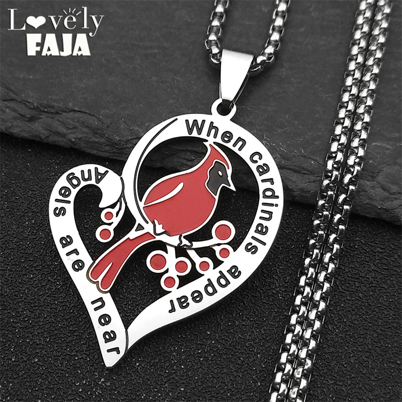 Creative Heart Shaped Cardinal Pendant Necklace for Women Men Stainless Steel Silver Color Commemorative Jewelry Party Gifts