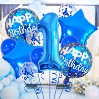 Blue Digital Aluminum Film Balloon Set Summer Ocean Five Pointed Star Sequin Balloons Happy Kid 1th 2nd 3rd Birthday Party Decor