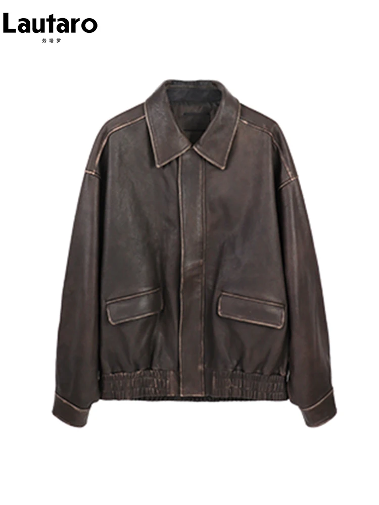 Lautaro Wiosna Jesień Cool Handsome Retro Oversized Distressed Brown Miękkie kurtki ze sztucznej skóry dla kobiet Zipper Runway Fashion