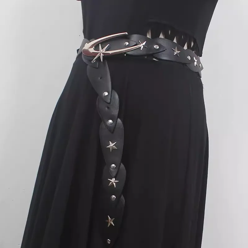 Women's Runway Fashion Star Rivet PU Leather Cummerbunds Female Dress Corsets Waistband Belts Decoration Wide Belt R863