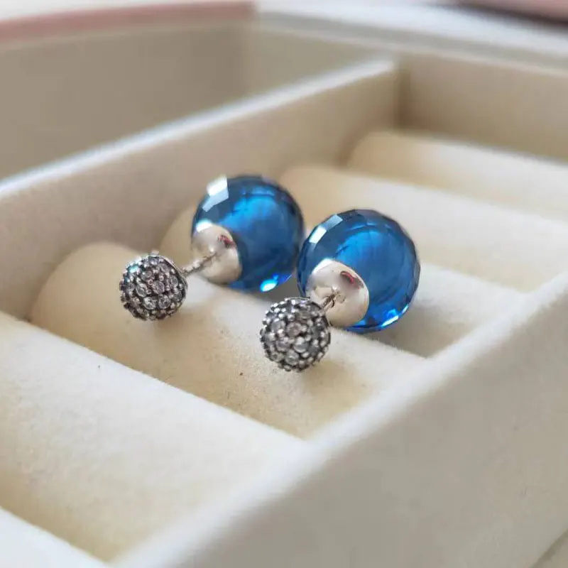 925 Sterling Silver Shimmering Drops Midnight Blue Crystal Stud Earrings Fits All European Pandora Jewelry For Women