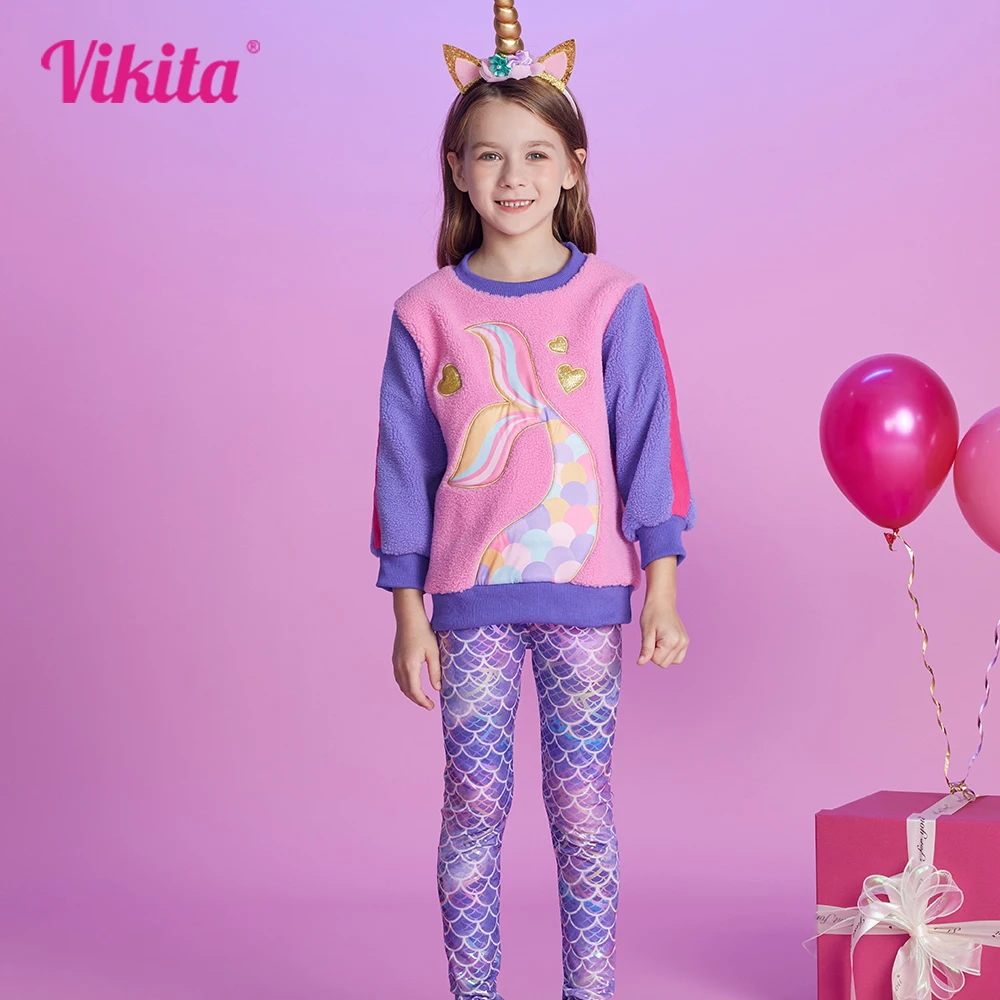 

VIKITA Children Clothes Sets Girls Mermaid Print Sports Casual Fleece Sweatshirt and Leggings Trousers 2 Pcs Suit Kids Clothing