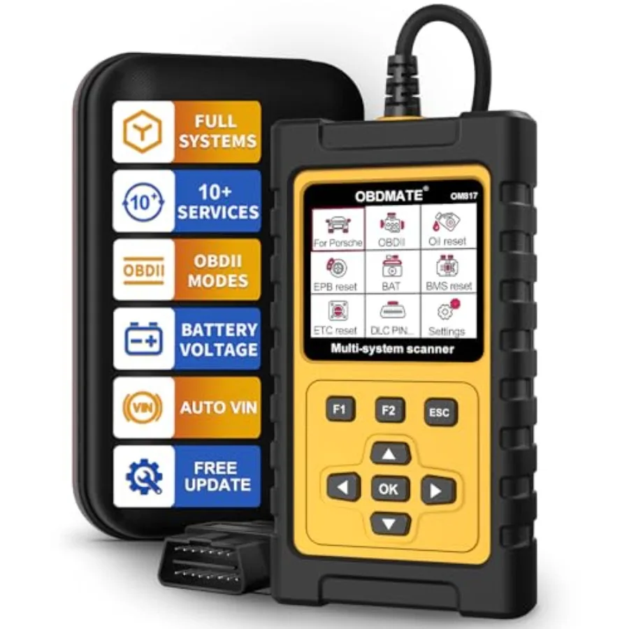 

OBD2 Scanner for Porsche: OM817 full-system diagnostic tool, ABS/airbag-compatible plastic housing, black, 10 reset services, V