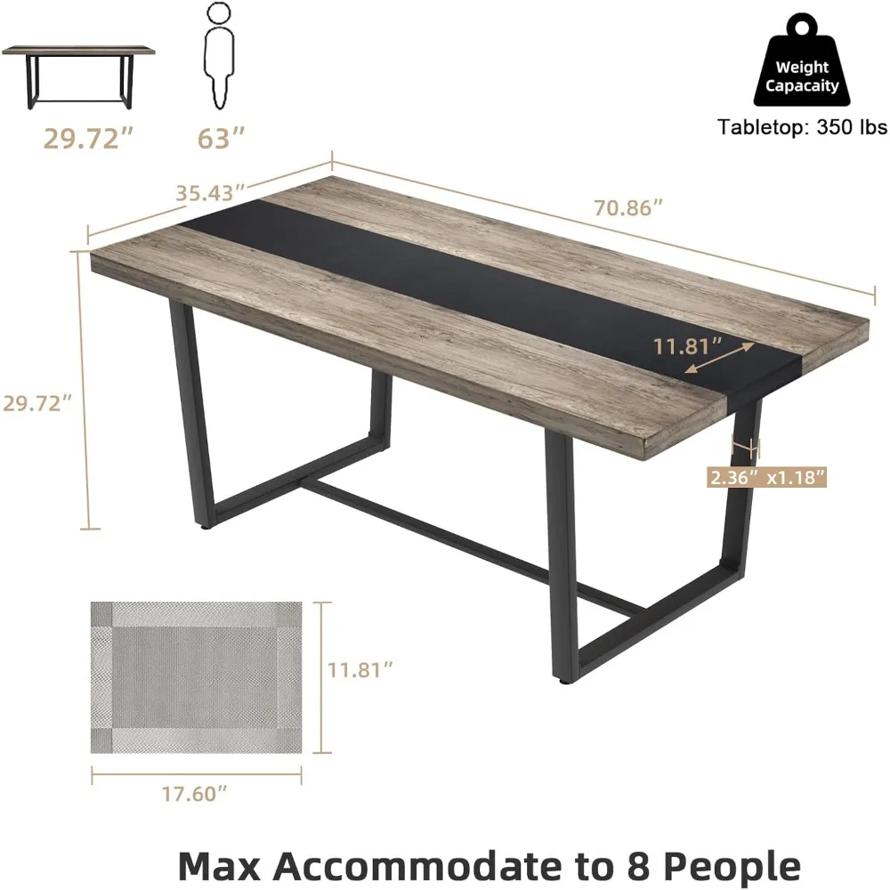 71" 6ft Large Dinner Table for 6-8, Rectangular Farmhouse Modern Kitchen Table – Black & Grey Industrial