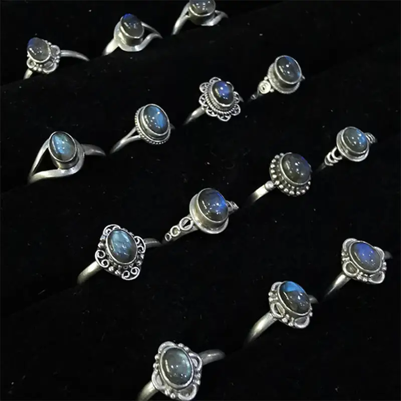 

Hand 925 Silver Inlaid Natural Labradorite Rings for Lady T9048