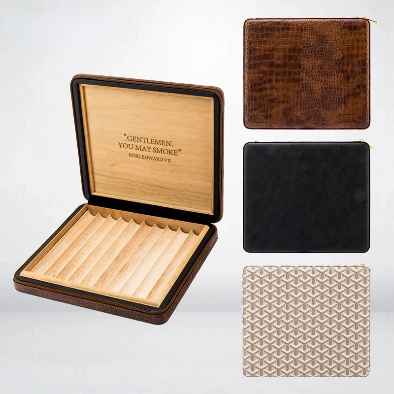 LUBINSKI Portable Cigar Box 10 Pcs Leather Cedar Wood Zipper Cigar Box Humidor Case Holde Cigar Accessories Gift Box