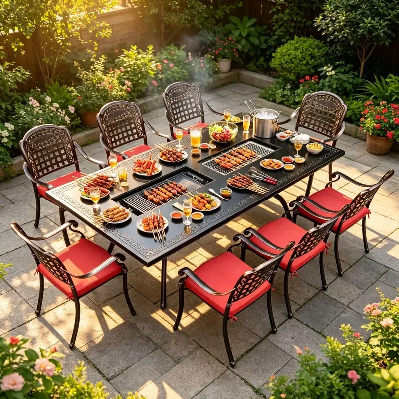 Outdoor Cast Aluminum Rectangular Double Slot BBQ Table and Chairs European Wrought Iron Courtyard Grilling Multi Functional