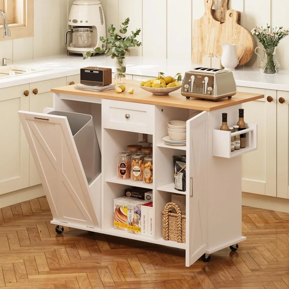 Rolling Kitchen Island with Trash Can Storage, 47.2” Kitchen Island Cart with Drop Leaf Countertop, Island Table with Drawer & S
