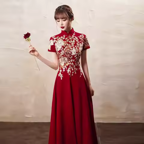 Exquisite Applique Embroidery Female Long Qipao Evening Party Dress Chinese Bride Wedding Dress Classic Vintgae Banquet Dress
