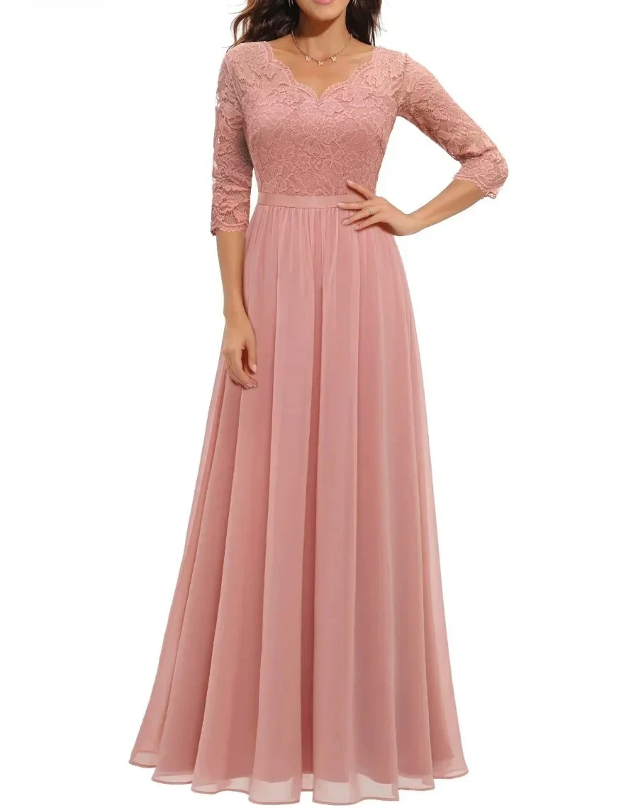 Robe longue en dentelle pour femme, robe de soirée, robe de mariage, vintage, élégante, solide, document, col en V, manches mi-longues, dos nu, fermeture éclair au dos, robe femme
