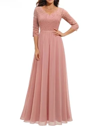 Women's Long Dress Evening Party Wedding Vintage Elegant Solid Color Lace V-neck Mid-Sleeve Backless Back Zipper Female Dress