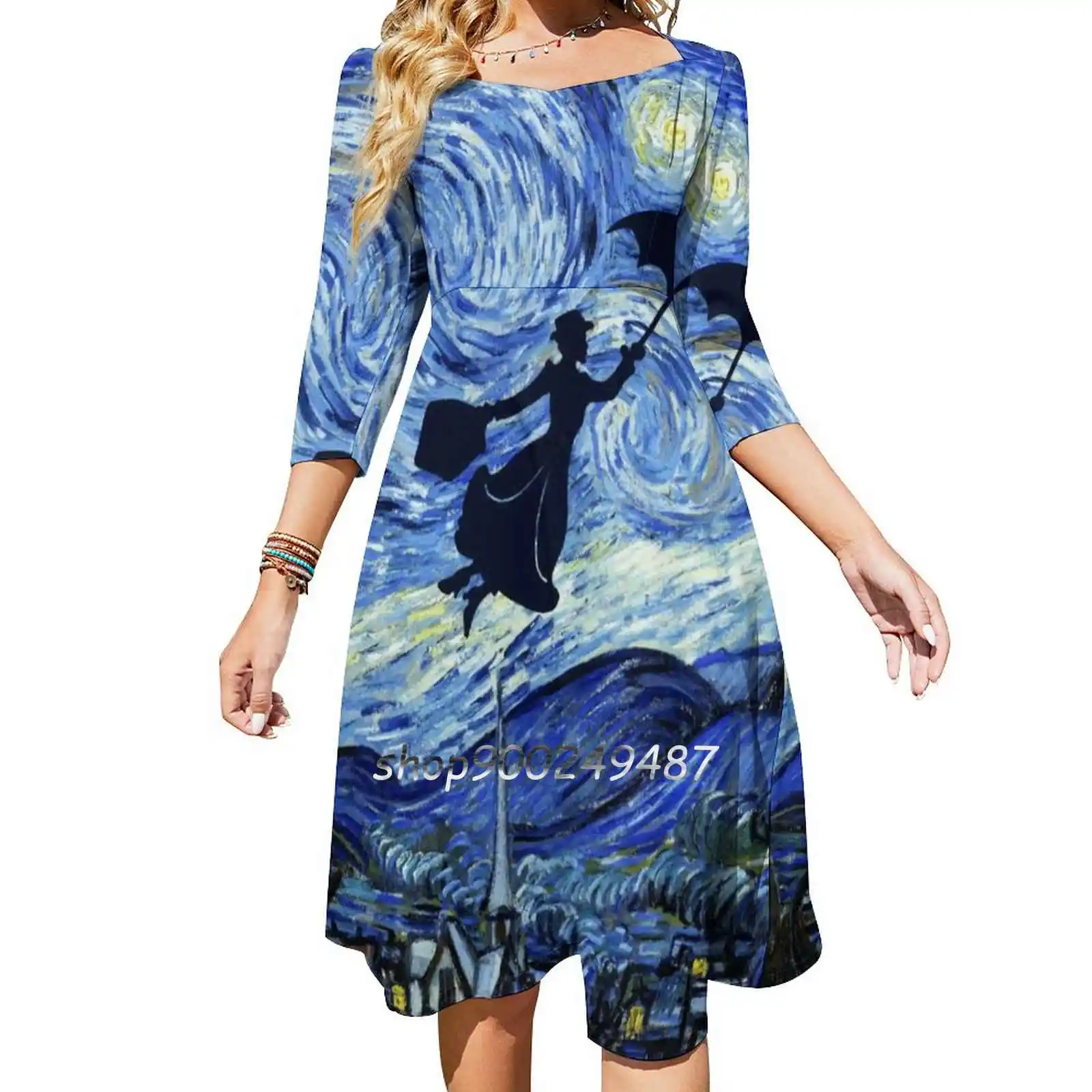 Mary Poppins Starry Night Sweetheart Knot Flared Dress Fashion Design Large Size Loose Dress Mary Poppins Movie Tv Film Fantasy