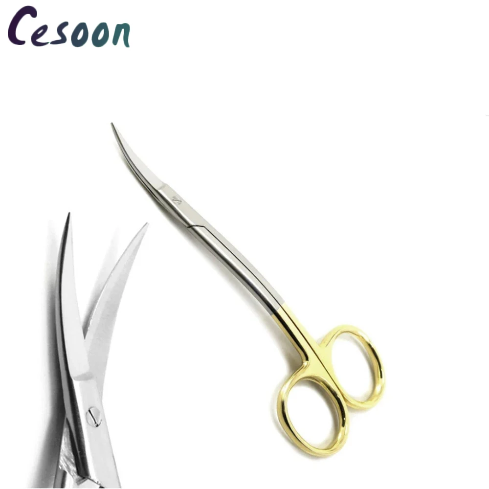 1Pcs Dental Surgical Double Curved Gold Plated Handle S Scissors Medical Dissecting Stainless Steel 11.5cm Dentistry Tools