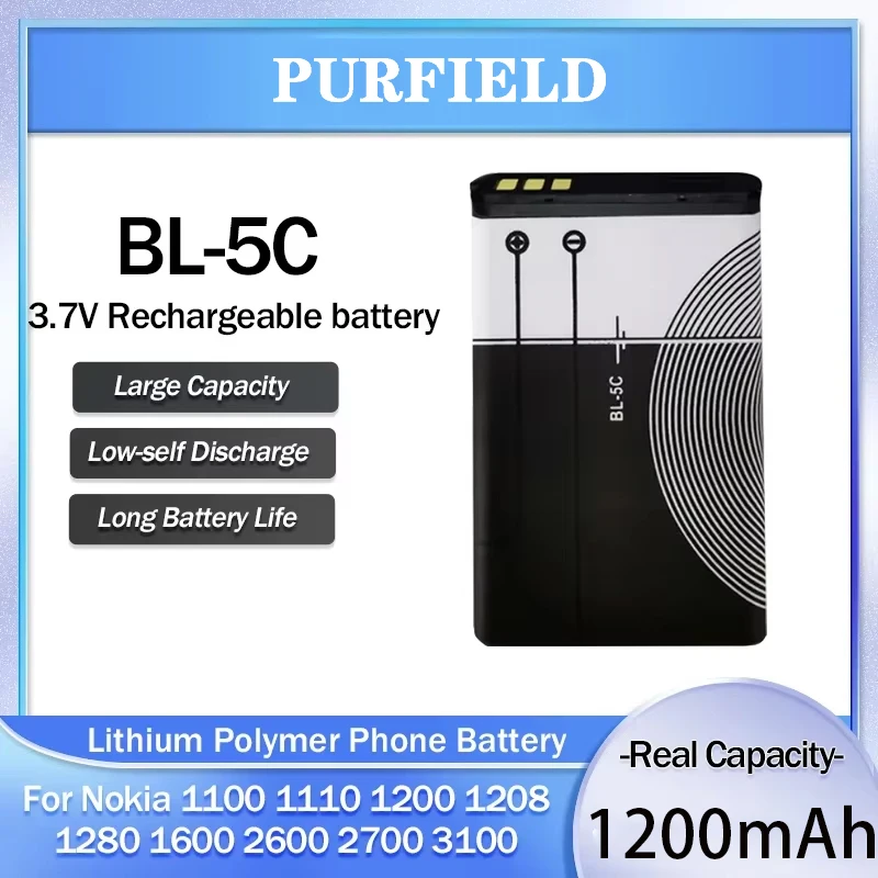 PURFIELD 1200mAh BL-5C 3.7V Mobile Phone Battery For Nokia BL5C 1100 6230 6600 1108 1112 1200 n70/91 Replacement Battery Charger