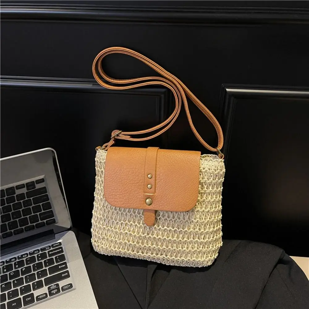 

Bohemian Style Woven Saddle Bag Retro Magnetic Button Straw Crossbody Bag Lightweight Mobile Phone Bag Weave Shoulder Bag Girls
