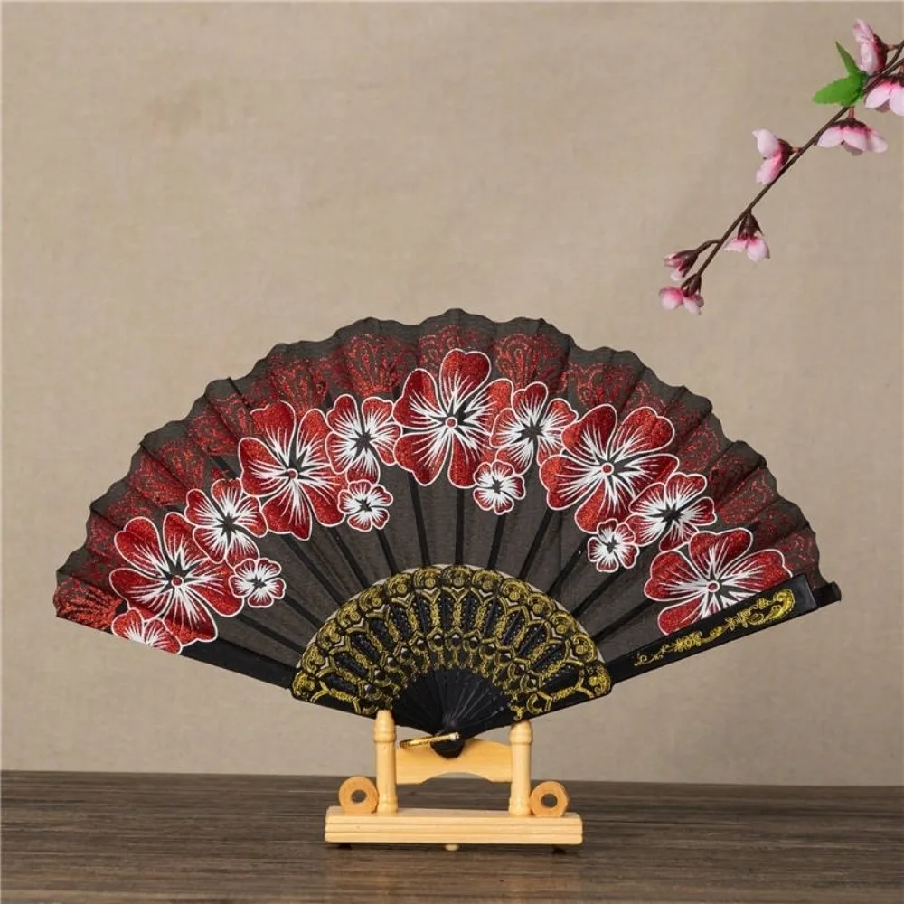 Bamboo Frame Hand Held Fan Chinese Style Hand Painted Design Folding Fan Flower Pattern Lightweight Structure