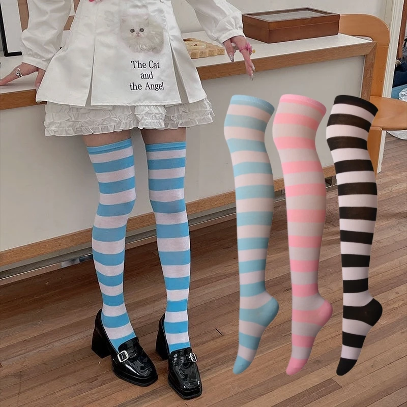 

5 пар/комплект полосатых чулок выше колена в стиле JK Lolita, очаровательные аниме-чулки для косплея, эластичные чулки до колена для школьниц