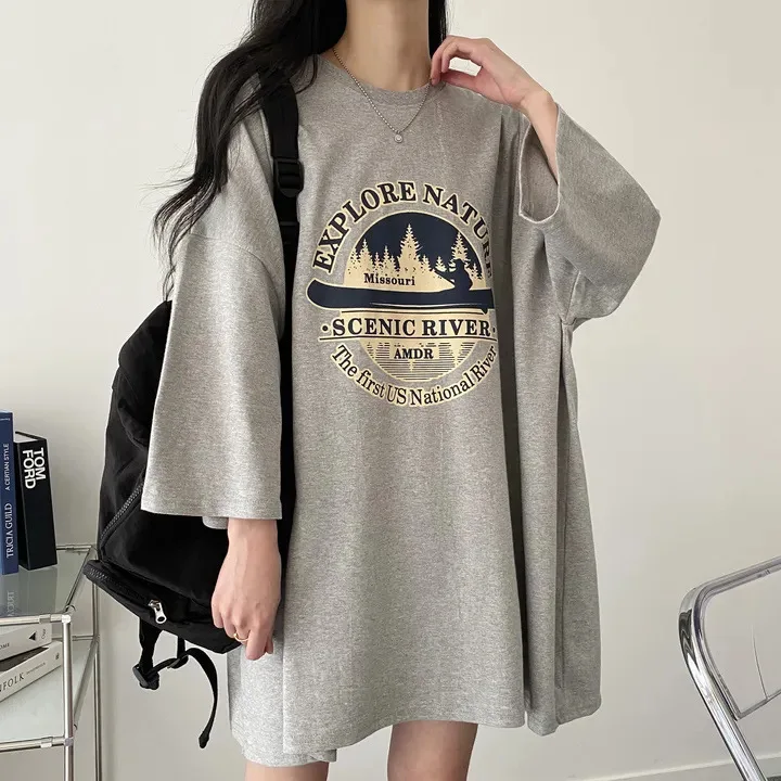 

Women's 2025 New Bf Plus Size Cartoon Top Summer Loose-fit O Neck Long T-shirt Casual Regular Streetwear Tees Korean Style