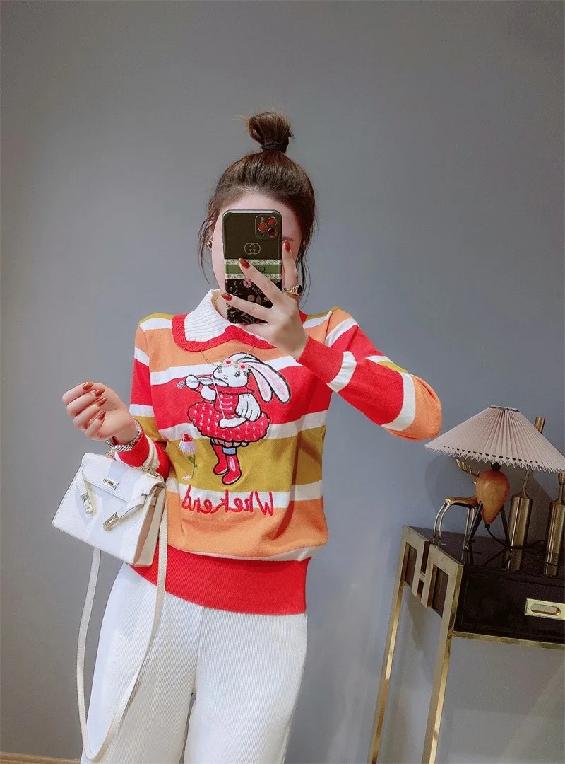 Bunny Embroidered Stylish Sweatr Women Striped Knitted Pullover Jumpers Long Sleeve Contrast Color Fashion Chic Vintage Knitwear