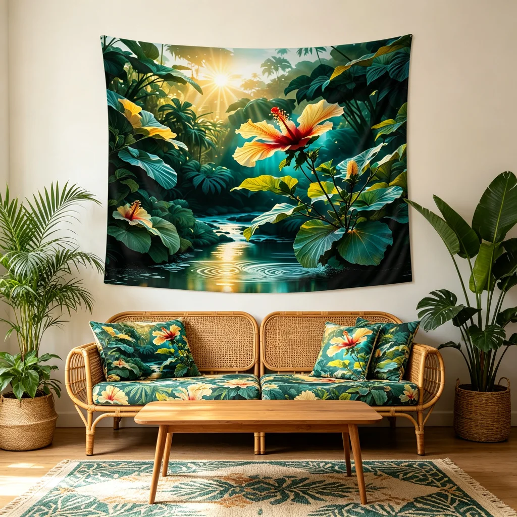 1PC Tropical Hibiscus River Art Print Backdrop Banner, Bedroom Living Room Photo Background, Polyester, Home Decor, Wall Art
