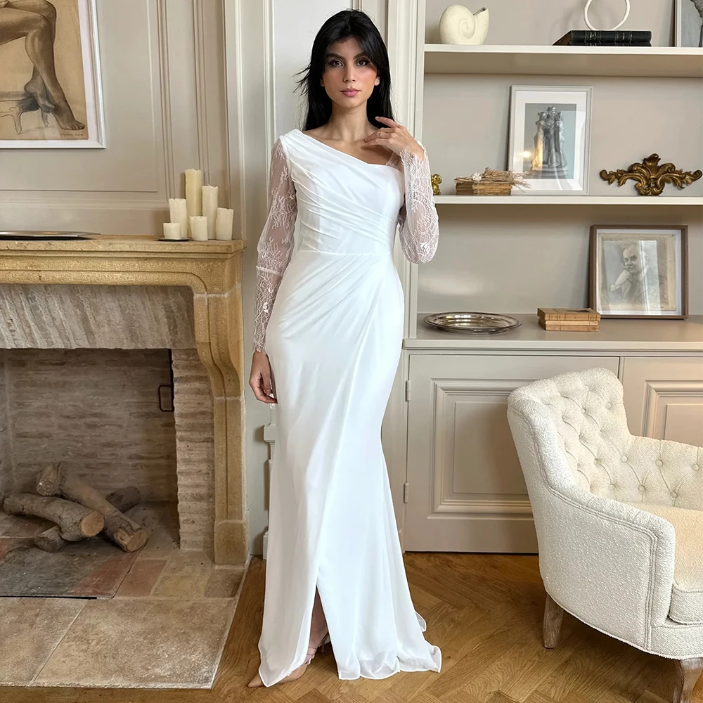 

Saudi Arabia White One Shoulder Chiffon Evening Dresses with Front Slit Customized Pleats Sheer Lace Long Sleeves Party Dresses