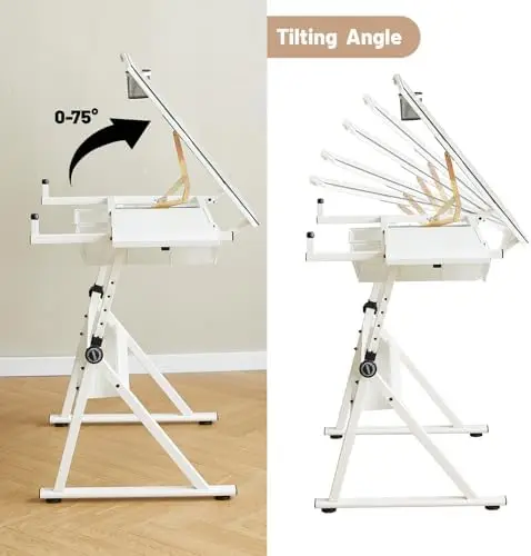 White Drafting Table with Stool Height Adjustable Art Craft Desk with Storage, Tilting Tempered Glass Tabletop view 6