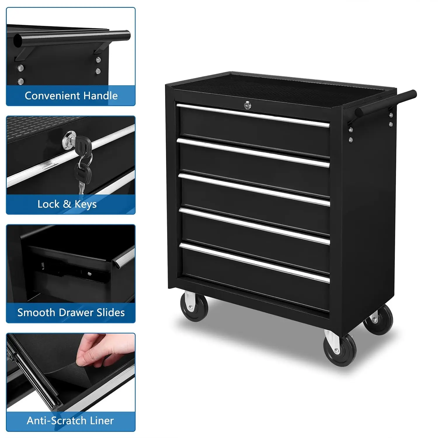 5-Drawer Rolling Tool Chest w/Drawers & Lock, Tool Storage Cabinet with Lockable Wheels, Top Cushion & Drawer Liners, Tool Organ