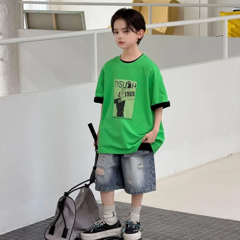 Children's Cotton Short-sleeved T-shirt 2026 Summer New Boys Loose Trendy Printed Loose Medium-sleeved Top