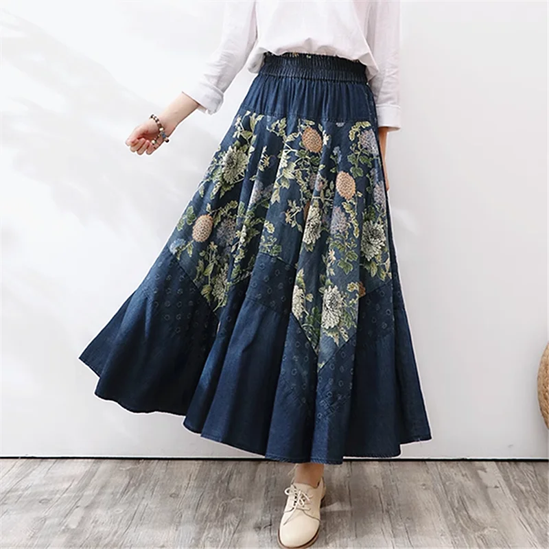 Sunflower Spring High Quality Bohemian Vintage Casual Denim Contrast Color Fashion Classic Elegant Prairie Chic Skirts