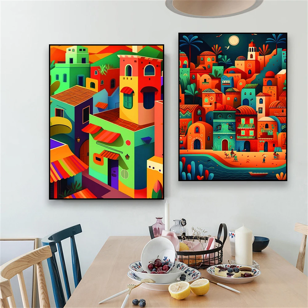 Mexican Village Cartoon Art Canvas Print Travel Poster Colorful Mexico Landscape Wall Art Canvas Painting Home Office Decoration