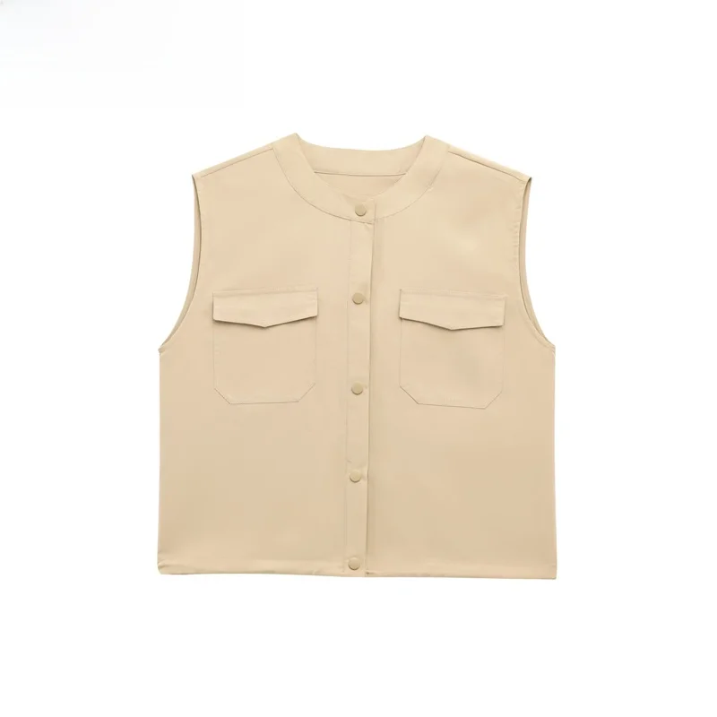 

ZBZR Spring New Women's Faion Simple Elastic Hem ort Vest Versatile Sli round Ne Single Button Closure Color