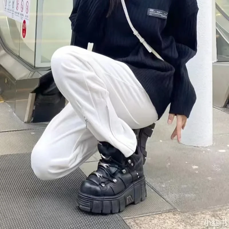 New Punk Style Women Shoes Lace-up heel height 6CM Platform Shoes Woman Gothic Ankle Rock Boots Metal Decor Woman Sneakers view 5