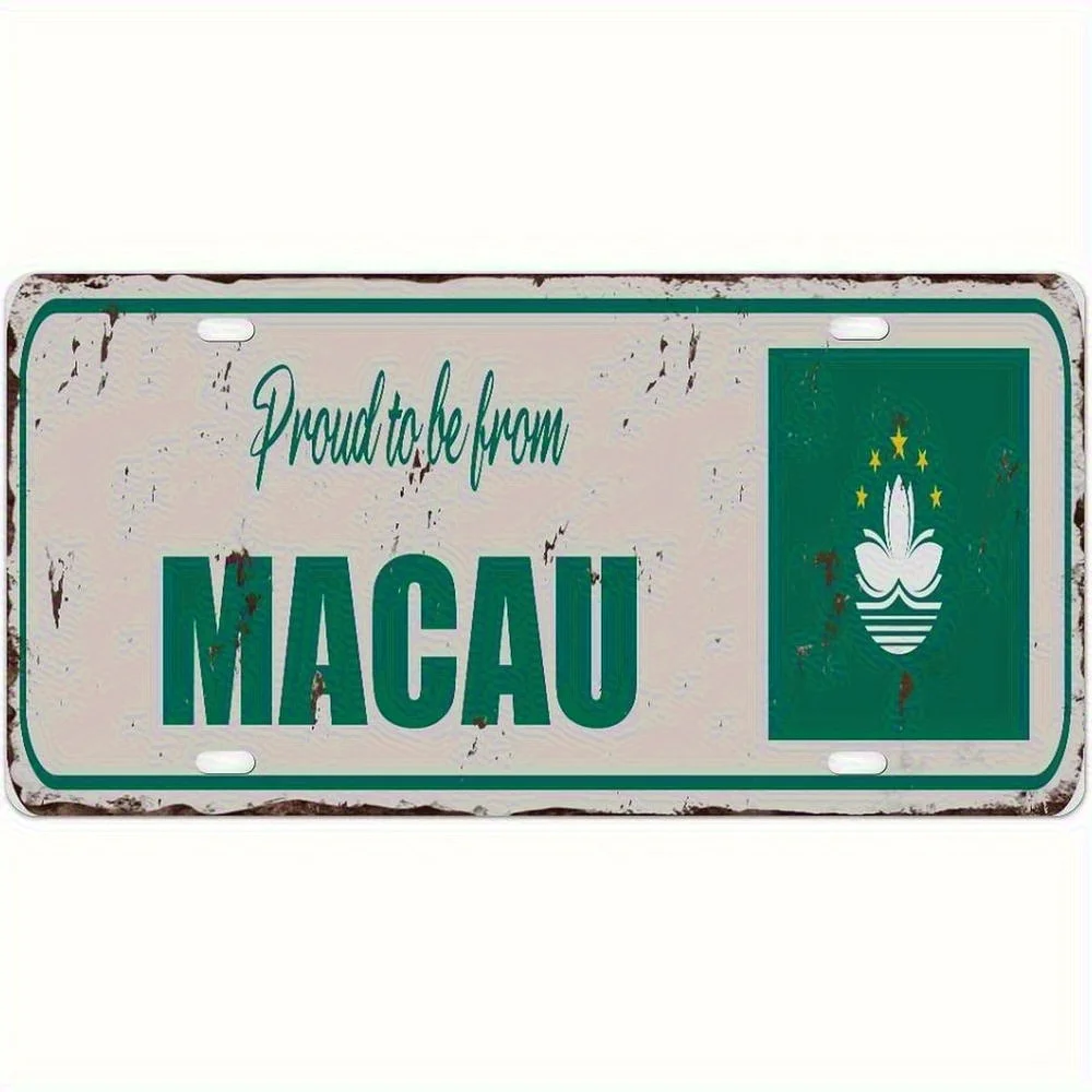 Proud to Be from Macau License Plate - Vintage Green & White Metal Decoration with Floral Emblem,  US Standard Plates for Cars,