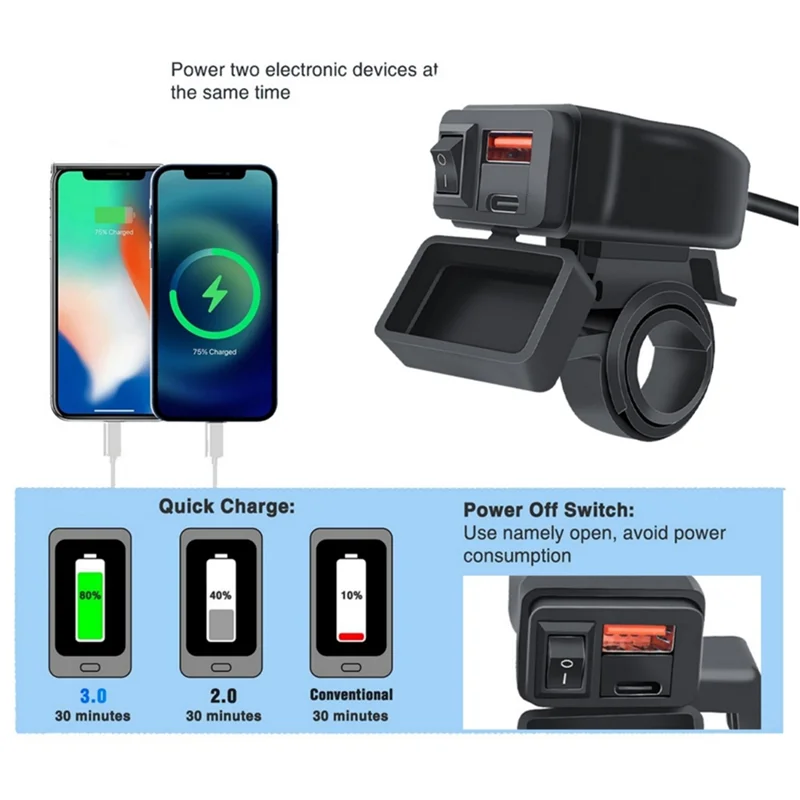 

Efficient Universal Motorcycle USB+Type-C Charger QC3.0 Handlebar Fast Charging Waterproof Socket Adapter