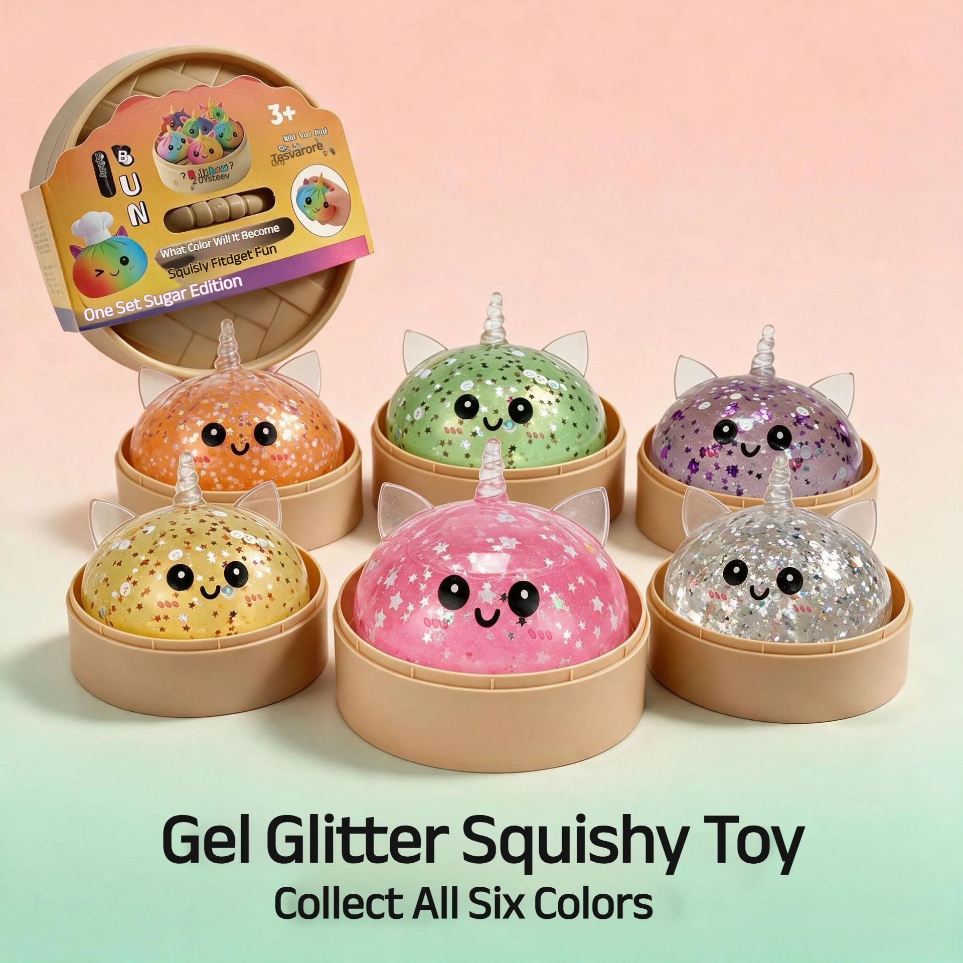 8.5cmSimulation Unicorn Dumpling Squishy Toy with Steamer Box Transparent Glitter Squeeze Fidget Ball Stress Relief Toy for Gift