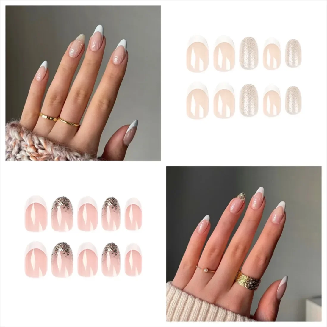 Faux Ongles Artificiels à Couverture Complète N64.Design Français, Bord Blanc, Paillettes Dorées, 24 Pièces