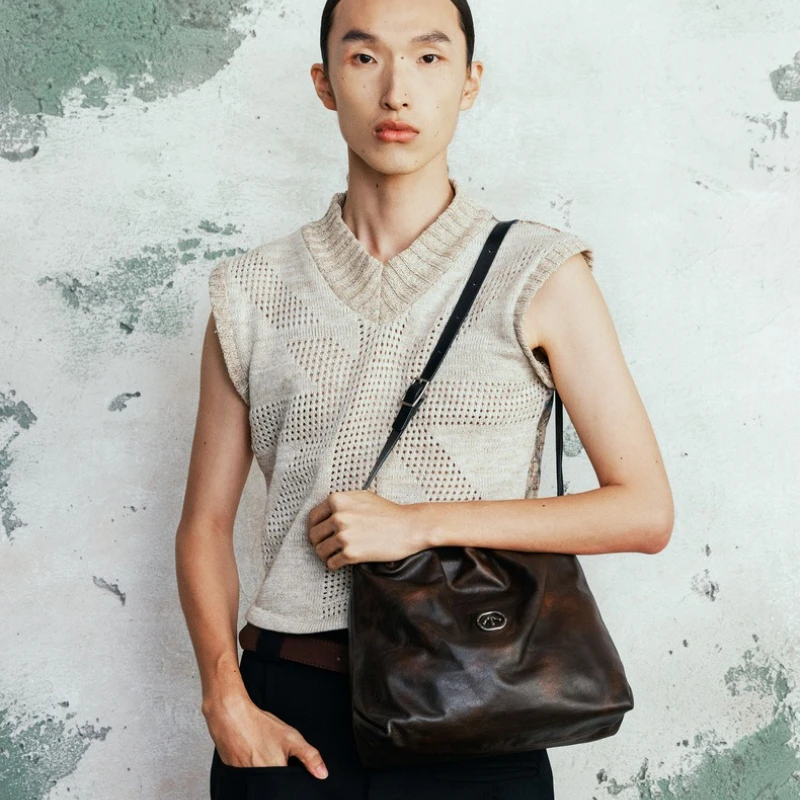 GROTTO Fashion 2025 New Luxury Genuine Leather Garbage Bag Small Casual Single Shoulder Crossbody Soft Bag Classic Lightweight